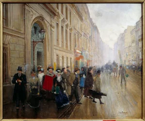 Východ ze zimní zahrady v rue du Faubourg fishonniere. Obraz Jeana Berauda (1849-1935) 19. století. Ztlumit. 0,46x0,55m. Paříž, Musee Carnavalet