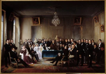 Básník a dramatik Francois Guillaume Andrieux čte svou tragédii Junius Brutus „“ ve foyer v Comedie Francaise dne 26. 5. 1828“ Mezi dárky Alexandre Dumas, Pierre Nicolas Michelot, Jean Francois Becquerel, Firmin, Victor Hugo, Eugene
