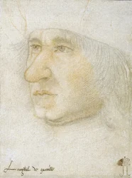 Portrét Louis Malet de Graville (1438-1516), admirál Francie par Bourdichon, Jean (1457-1521). Černá křída a sangvinik na papíře, rozměr : 16,9x12,7, konec 15. stol., Státní Ermitáž, St. Petersburg