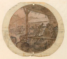 Kresba, návrh malovaného porcelánového talíře, nakládání nebo vykládání zboží, 1820-35