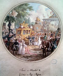 Vstup krále Karla X. do Remeše, květen 1825. Rytina Jean Charles Develly (1783-1849)