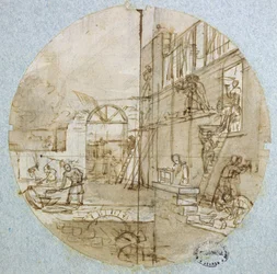 Zednická dílna, návrh talíře pro jídelní soupravu zobrazující různá řemesla, kolem 1820-35
