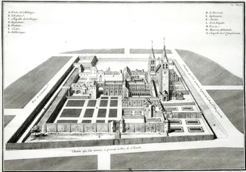 Pohled na opatství Saint-Germain-des-Pres před rokem 1640, rytina Antoine Herisset (1685-1769)