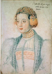 Portrét Marie Portugalské (1521-1578), dcery Manuela I. Portugalského a Eleonory Rakouské. Kreslení černého kamene a krve od Jean Clouet (1475/1485-1540)