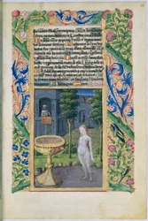 paní Lat. Q.v.I.126 f.58 David špehoval Bathshebu, když se koupala, z Knihy hodin Louise dOrleans, 1469