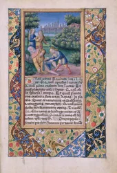paní Lat. Q.v.I.126 fol.17 The Drunkenness of Noe, from Book of Hours of Louis dOrleans, 1490