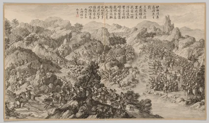 Bitva u Yixier Kuernaoer: z Battle Scenes of the Quelling of Rebellions..., c1765-1774.