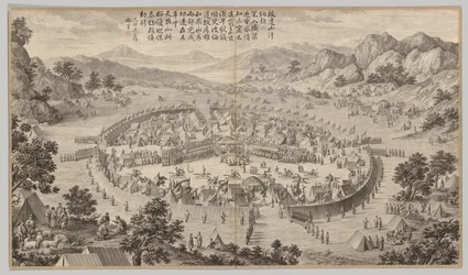 Khan of Bada Shan představuje poctu: z bitevních scén potlačení povstání, c. 1765-177