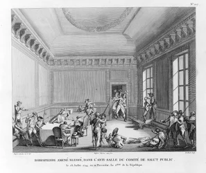 Robespierre přivedl zraněného, ​​v anti-pokoji výboru veřejné bezpečnosti 28. července 1794, ingr. Pierre Gabriel Berthault (1748-1819)