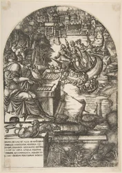 Umělec Jean Duvet v přestrojení za svatého Jana Evangelisty, sedící u stolu, ca. 1546-55.