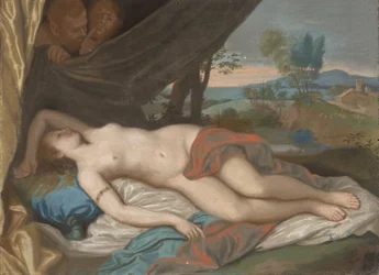 Spící nymfa pozorovaná satyry, podle malby založené na rytině podle Anthonyho van Dycka