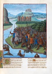 Bitva mezi Makabejci a Seleukovci (povstání Makabejců). Ilustrace ve Flavius ​​​​Josephus ""Starožitnosti Židů"" (Antiquitatum Iudaica od Fouqueta, Jean (1420-1481). Kvaš na pergamenu, L