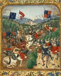 Bitva u Azincourtu (1415). Během stoleté války anglický Jindřich V. porazil francouzskou stranu Armagnaků - v díle „Grandes Chroniques de France“ od Jeana Fouqueta, kolem 1467-1476. Victoria & Albert Library