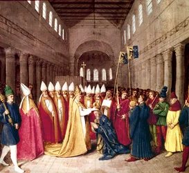 Korunovace císaře Karla Velikého dne 25. prosince 800 v Římě papežem Lvem III., iluminace z „Les Grandes Chroniques de France“ od Jeana Fouqueta, kolem let 1455-1460