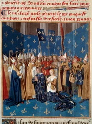 Korunovace Ludvíka VIII. (1187-1226) a Blanky Kastilské (1188-1252) v Remeši roku 1224. Miniatura z rukopisu „Grandes Chroniques de France“ od Jeana Fouqueta (1420-1481), 15. století. Paříž, B.N.