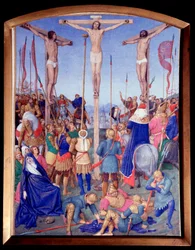 Ukřižování. Miniatura převzatá z „“The Book of Hours of Etienne Chevalier”” od Jeana Fouqueta (1420-1477/1481)
