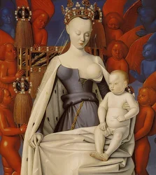 Trůnící Madona s Ježíškem. Melunský diptych, pravé křídlo. Asi 1450