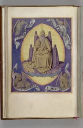 Bůh Otec se symboly čtyř evangelistů v rozích. Kniha hodin, 1450-1499
