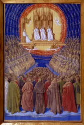 Nejsvětější Trojice, volební právo miniatury svatých v „Hodinách Etienna Chevaliera“ od Jeana Fouqueta (1420-1481)