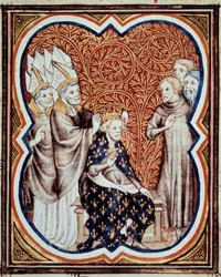 Le corre du roi Louis VI dit le Gros (1081-1137) Miniatura převzatá z „Les grandes Chronicles de France“ “od Jeana Fouqueta (1420-1481) Paříž 15. století, B.N.
