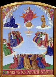 Pentecote: Nanebevstoupení Ducha svatého. Miniatura převzatá z „“The Book of Hours of Etienne Chevalier”” od Jeana Fouqueta (1420-1477/1481)