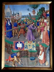 Miniatura Portage de croix převzata z „Knihy hodin Etienna Chevaliera““ od Jeana Fouqueta (1420-1477/1481)