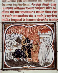 Královna Konstancie z Arles (986-1032) se vzdává svému synovi Jindřichovi I. francouzskému králi (1008-1060) Miniatura z „“Les grandes Chronicles de France““ od Jeana Fouqueta (1420-1481) Paříž 15. století, B.N.