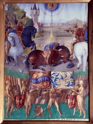 Svatý Pavel na cestě k Damašku Miniatura převzatá z „Knihy hodin Stephena Chevaliera“ od Jeana Fouqueta (1420-1477/1481)