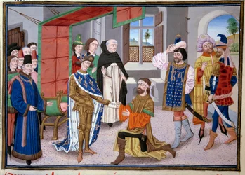 Sedmá křížová výprava: Francouzský král Saint Louis (nebo Ludvík IX.) (1214-1270) v Nikósii na Kypru kolem roku 1245. Miniatura z „Velkých kronik“ od Jeana Fouqueta (1420-1481). Paříž, Knihovna Arsenalu