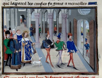 Král Saint Louis (Louis IX (1214-1270) chystající se opustit zámoří”” Miniatura z “Les Grandes Chronicles”” od Jeana Fouqueta (1420-1481), Paříž, Knihovna Arsenalu