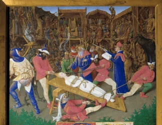 Sliby světců. Mučednictví svaté Apolliny (nebo Apollonie). Křesťanská světice Apollina Alexandrijská je roku 249 n. l. mučena pohany. Katají jí vytrhávají vlasy a lámou zuby. Císař Decius je divákem. Detail převzaté miniatury