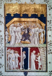 Korunovace Karla VI. (1368-1422) francouzskými pairy dne 16/09/1380. Miniatura z „Grandes Chroniques de France“, 15. století, Paříž, Bibliothèque nationale