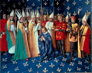 Korunovace Filipa II. Augusta v Remeši dne 1/11/1179. Miniatura z Kroniky Saint-Denis, 15. století. Paříž, B.N.