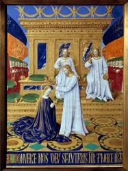 Korunovace Panny Marie, miniatura z „Knihy hodinek Étienna Chevaliera“ od Jeana Fouqueta (1420-1477/1481)