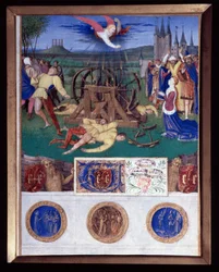 Miniatura mučednictví Kateřiny Alexandrijské převzatá z „Knihy hodin Etienna Chevaliera“ od Jeana Fouqueta (1420-1477/1481)