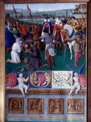 Miniatura mučednictví svatého Jakuba Majora převzata z „Knihy hodin Etienna Chevaliera“ od Jeana Fouqueta (1420-1477/1481)