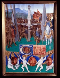 Miniatura mučednictví svatého Petra převzata z „Knihy hodin Etienna Chevaliera“ od Jeana Fouqueta (1420-1477/1481)