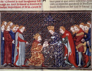 Pocta anglického krále Edwarda III. (1312-1377) Filipu VI. z Valois (1294-1350), francouzskému králi, v roce 1330. Miniatura z „Les grandes Chronicles de France“ od Jeana Fouqueta (1420-1481)