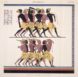 Interpretace fresek v Ibsambulu zobrazujících núbijské otroky z "Památky de l"Egypte et de la Nubie" od umělce, kolem roku 1835