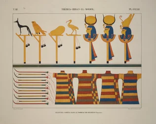 Zbraně a znamení, Théby, Biban-el-Molouk, ilustrace z „Památky Egypta a Núbie, 1845
