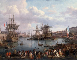 Pohled na přístav v Brestu v 18. století, detail. Obraz Jeana-Françoise Huea (1751-1823), 18. století