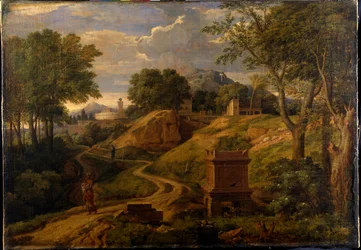 Klasická krajina se ženou nesoucí dítě, cca 1650-75 (olej na plátně)