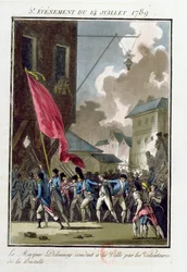 Markýz Bernard Rene Jordan de Launay (1740-89) guvernér Bastily provedl do Hotel de Ville dne 14. července 1789