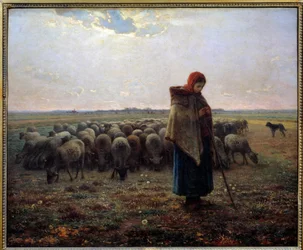 Bergere a jeho ovce nazývali velký pastýř. Obraz Jeana Francoise Milleta (1814-1875)