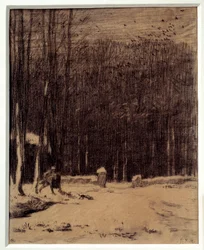 Vstup do lesa u Barbizonu, sněhový efekt. Kresba černou tužkou. Rozměry: 0,28 x 0,22 m. Paříž, Musée d