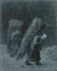 Ženy nesoucí ratolesti, kolem roku 1858 (uhl zvýrazněný bílým kvašem, uhlový okraj, na těžkém šedomodrém papíře)