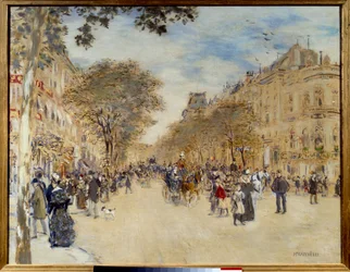 Belle epoque: “” Pohled na hannoverský pavilon a Boulevard des Italians v Paříži”” Obraz Jean Francois Raffaelli (1850-1924) Začátek 20. století Sun. 0,66x0,82 m Rouen, Musee des Beaux Arts