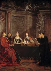 Rada svědomí: Svatý Vincent de Paul, hlava rady svědomí, čtená před kardinálem Julesem Mazarinem (Giulio Raimondo Mazzarino nebo Mazarino) (1602-1661), Pierrem Seguierem (1588-1672), královnou Annou Rakouskou (1601-1666 ) a Ludvík XIV (1638
