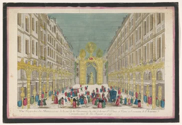 Pohled na výzdobu Rue de la Feronnerie v Paříži u příležitosti restaurování Ludvíka XV., krále Francie, v roce 1745 Vue perspective des illuminations de la Ruë de la Feronnerie du côté de la Ruë St. Denis a Paris (...) (název na o