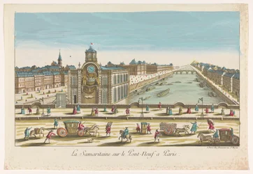 Pohled na vodní čerpadlo Samaritaine na Pont Neuf přes řeku Seinu v Paříži La Samaritaine sur le Pont Neuf a Paris (název na objektu)